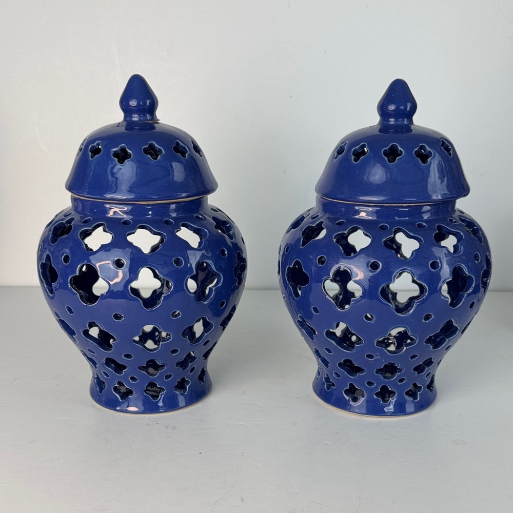 2 BLUE Ceramic GINGER Lantern Jars intricate open design **one jar top has flaws
